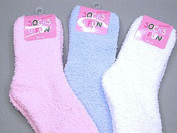 Ladies bed socks in pink, blue, and white